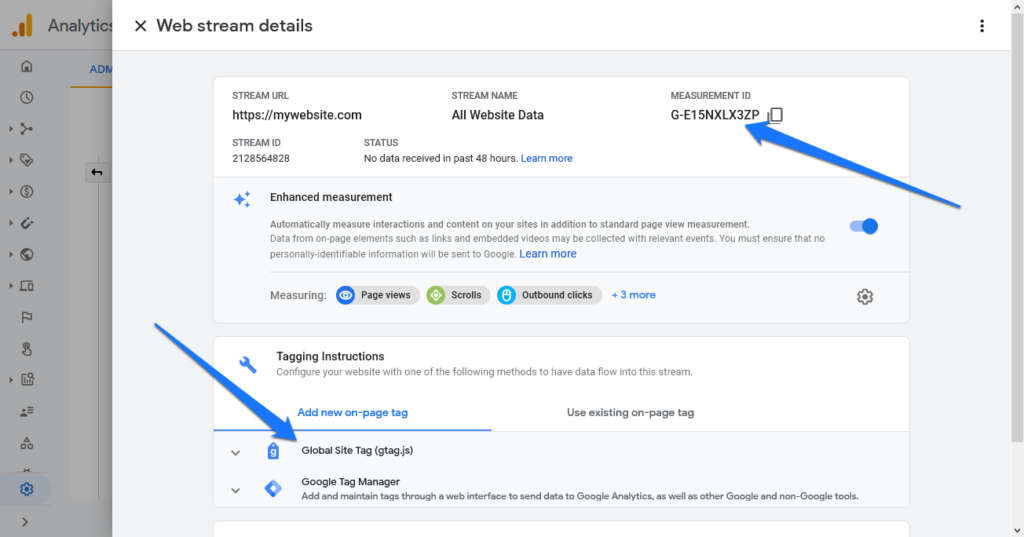 measurement id and tracking code inside google analytics