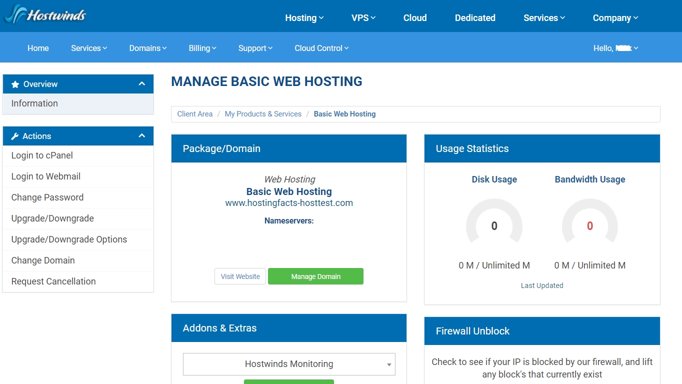 Hostwinds dashboard