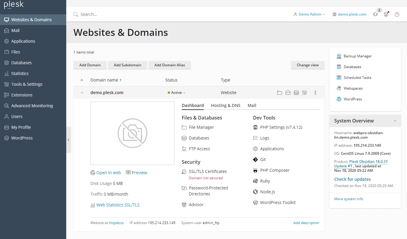 cPanel vs Plesk: Plesk dashboard