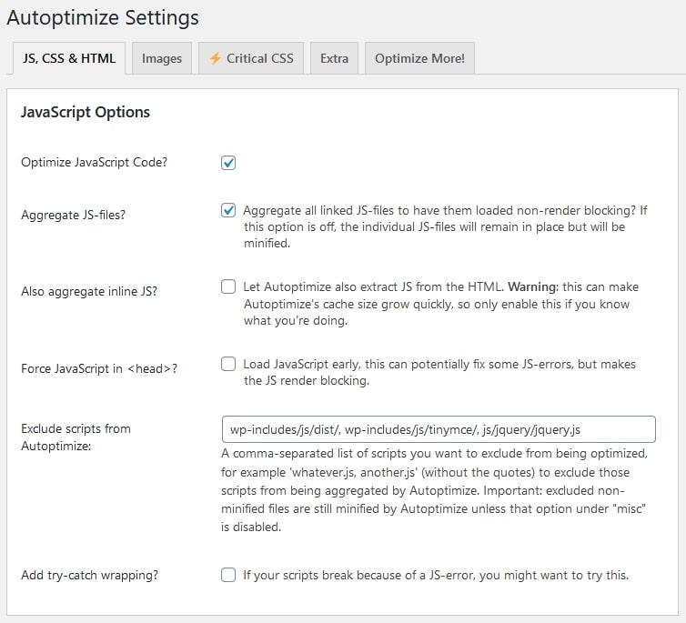 autoptimize settings