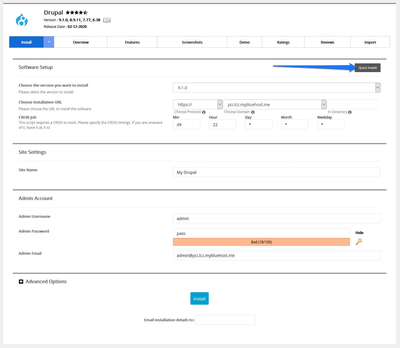 drupal custom installation settings in bluehost