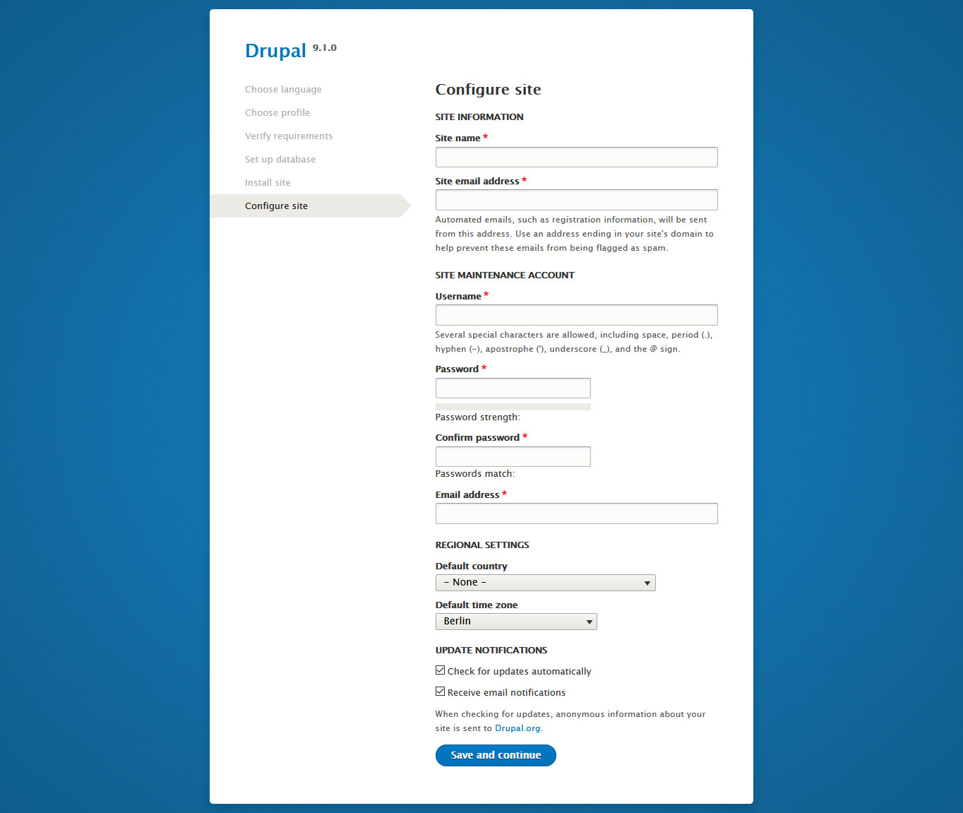 drupal installation configure site