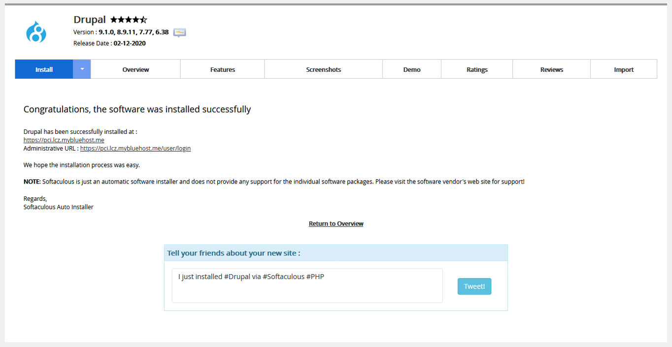 drupal installation in bluehost successful