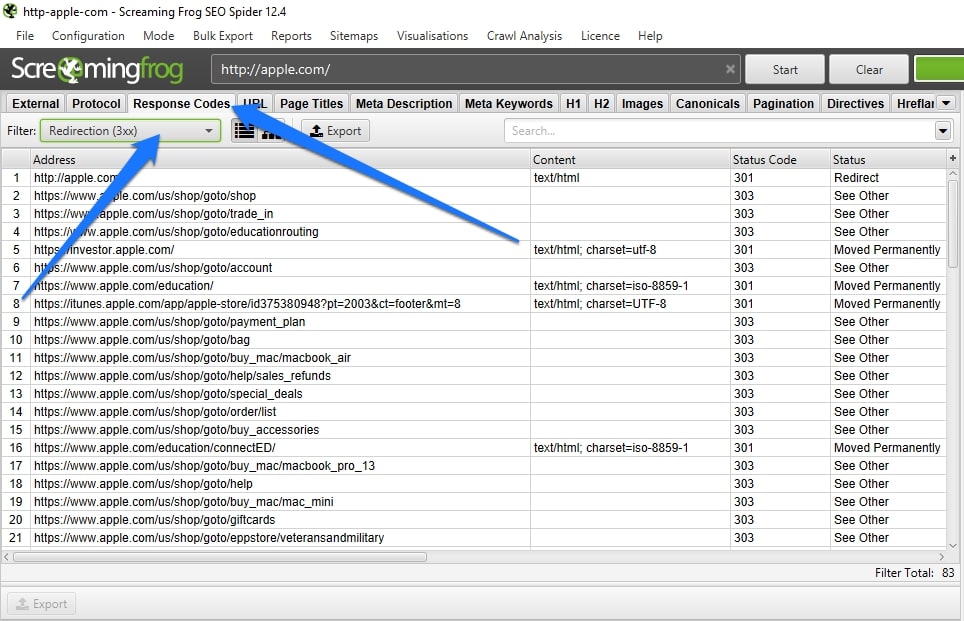 find redirects in screaming frog seo spider