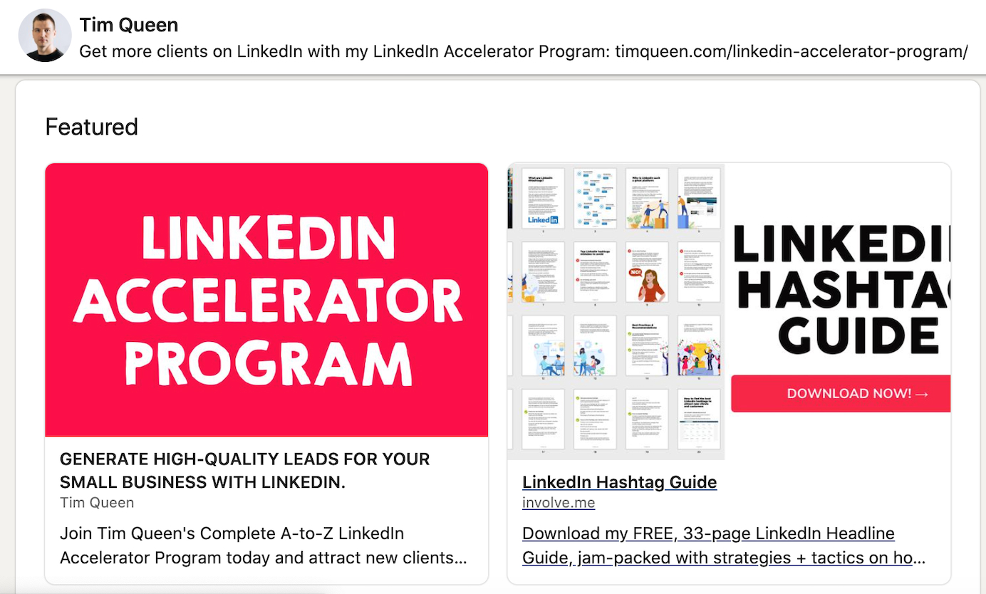 Tim Queen linked up a LinkedIn Hashtag Guide as a freebie for subscribing to his newsletter