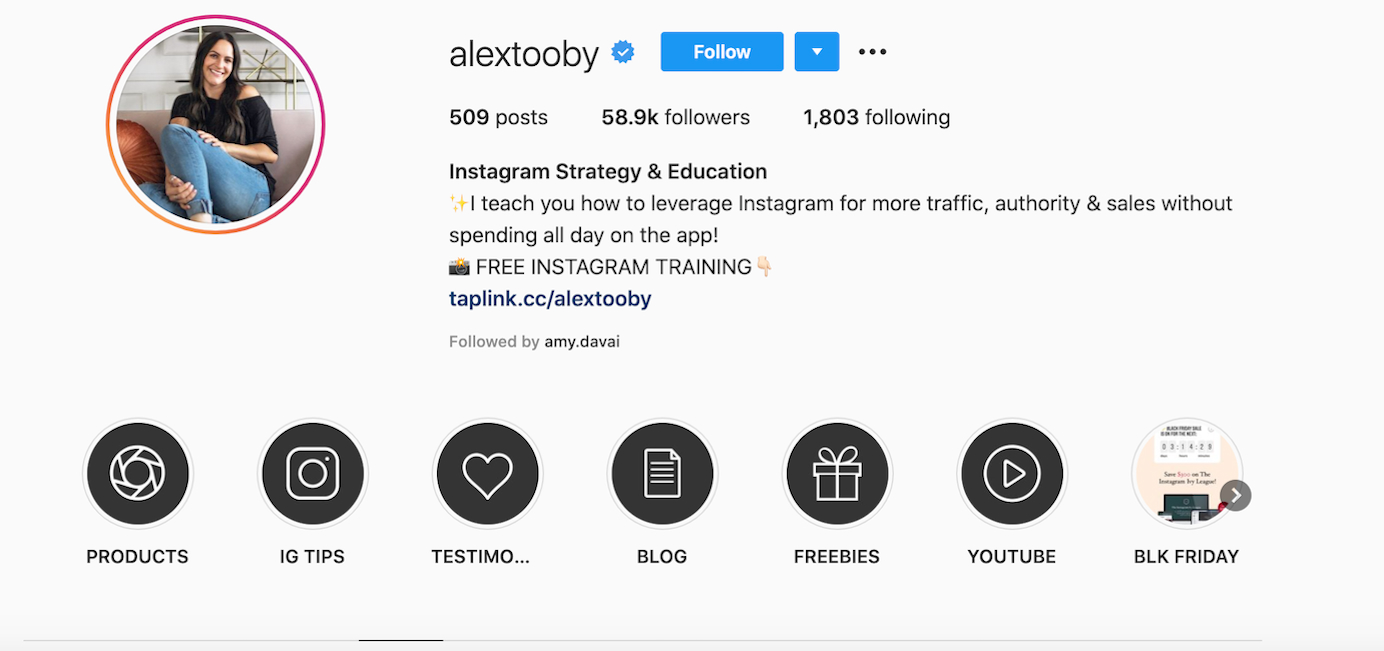 Alex Tooby promotes a free online video course in her Instagram bio with a hard-to-miss CTA