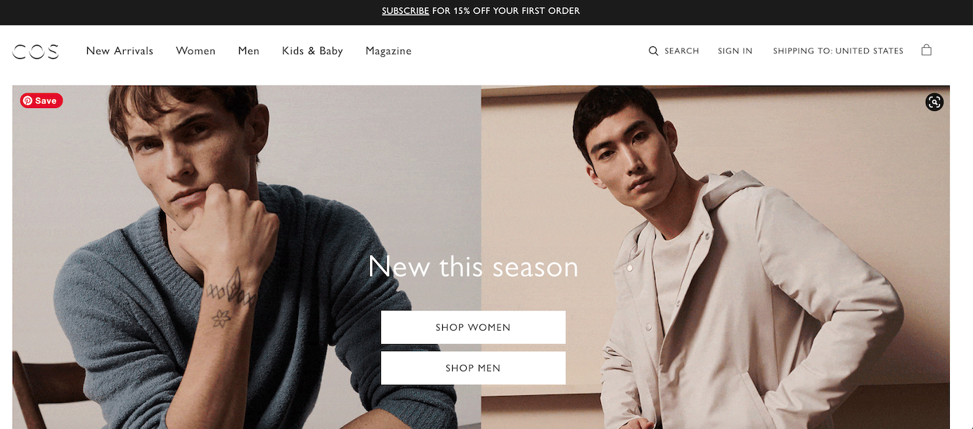 COS uses a sticky header to advertise a 15% discount for new email subscribers