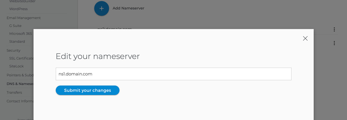 A pop-up overlay where you can enter a new nameserver.