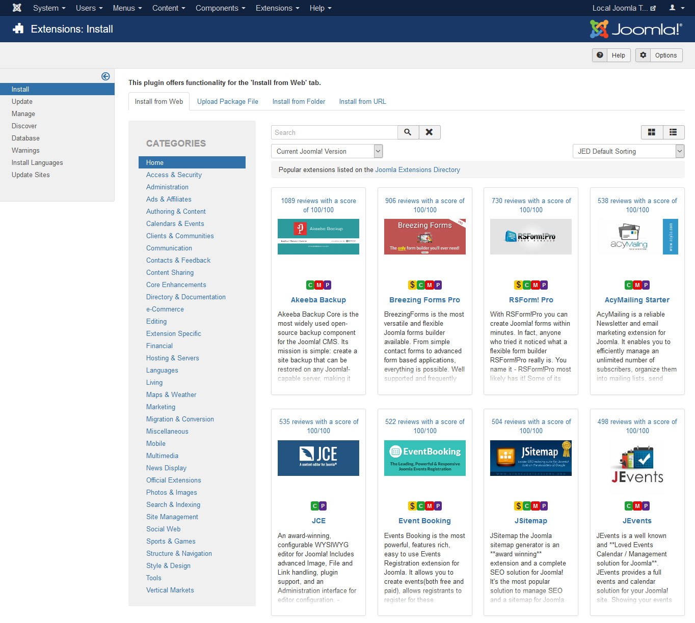 install joomla extensions from back end