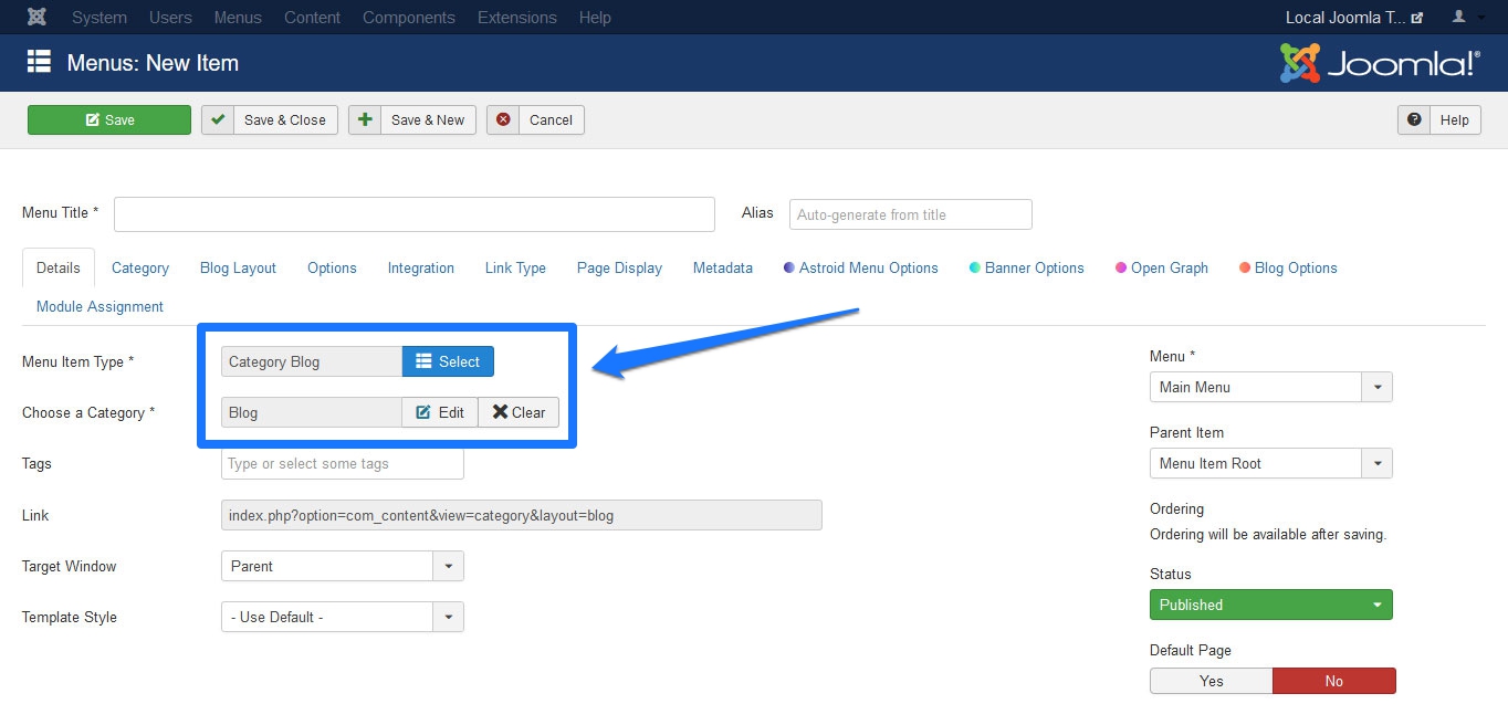 joomla create blog menu item