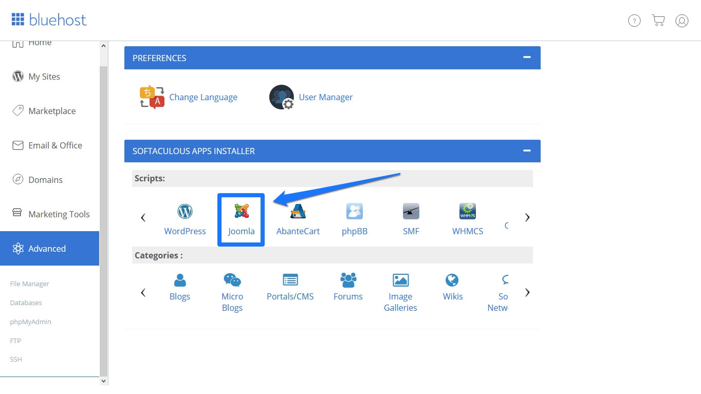 joomla quick installation in bluehost step 2