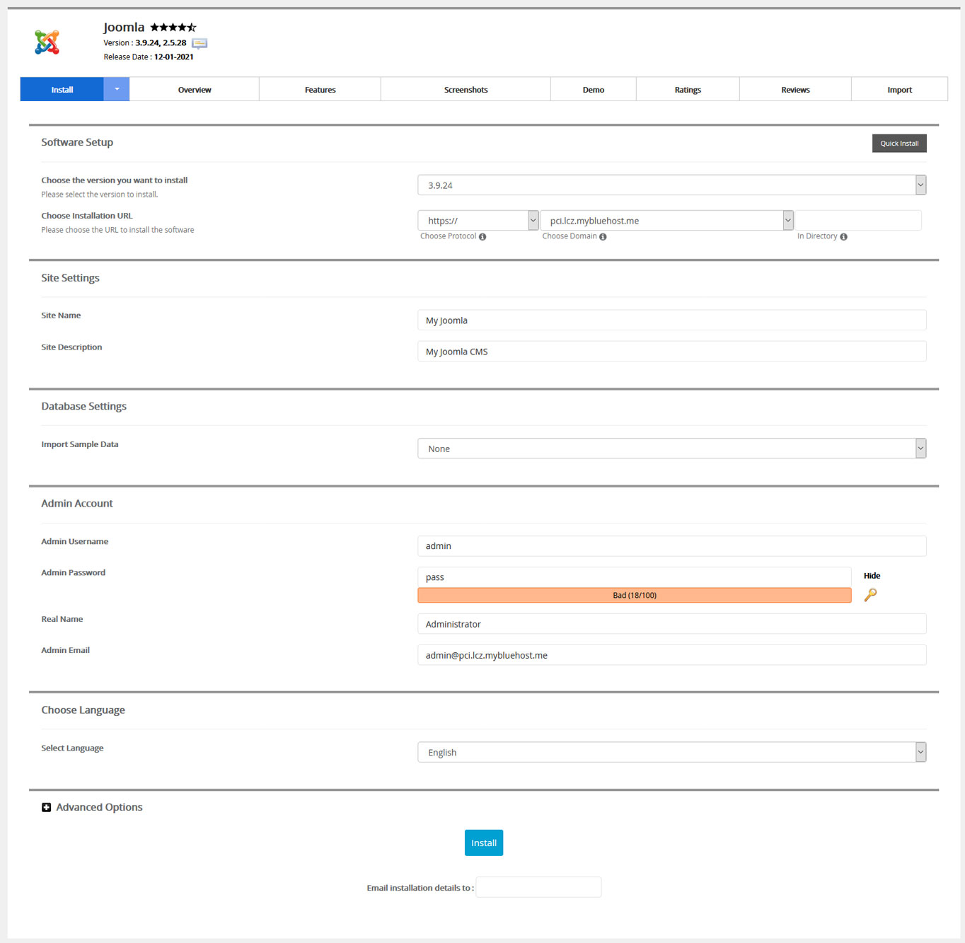 joomla quick installation in bluehost step 4