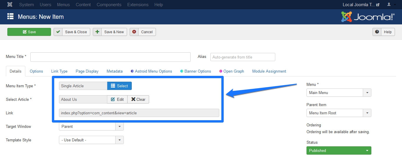 menu item configuration