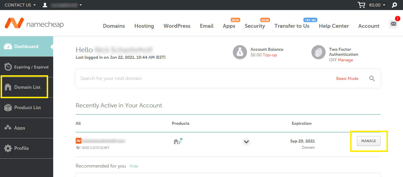 The Namecheap dashboard page.