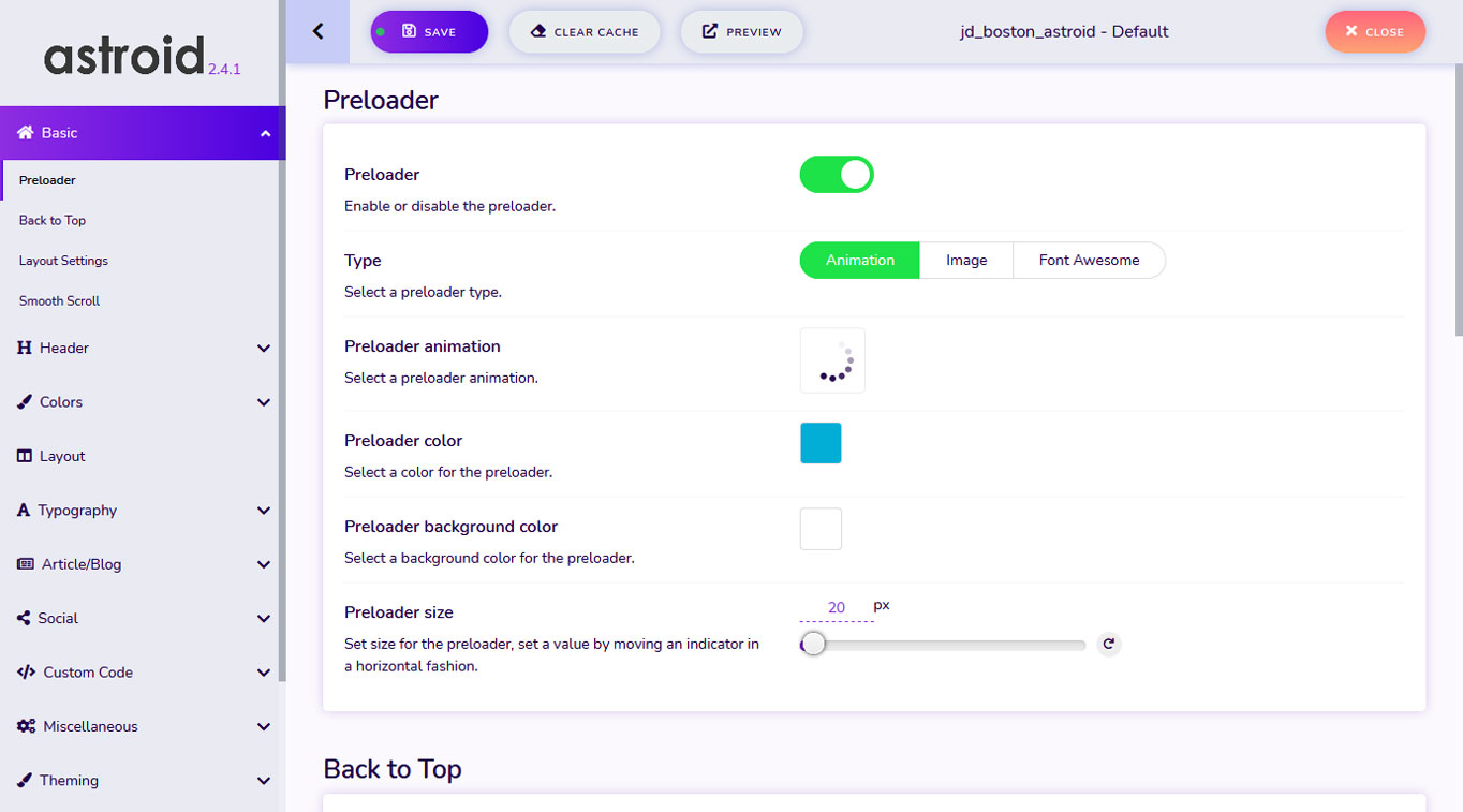 template configuration screen