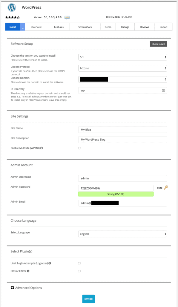 WordPress install form