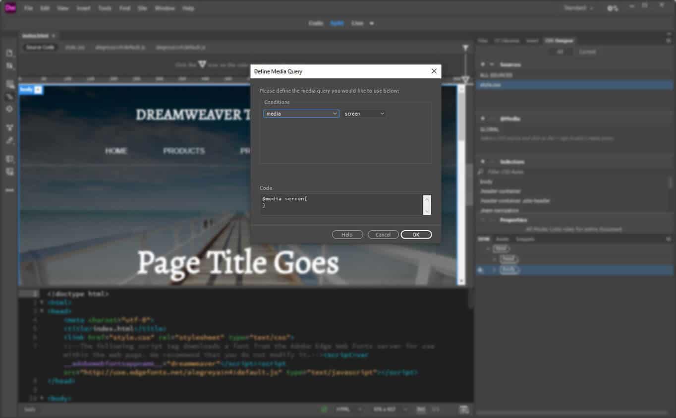 create media query in dreamweaver