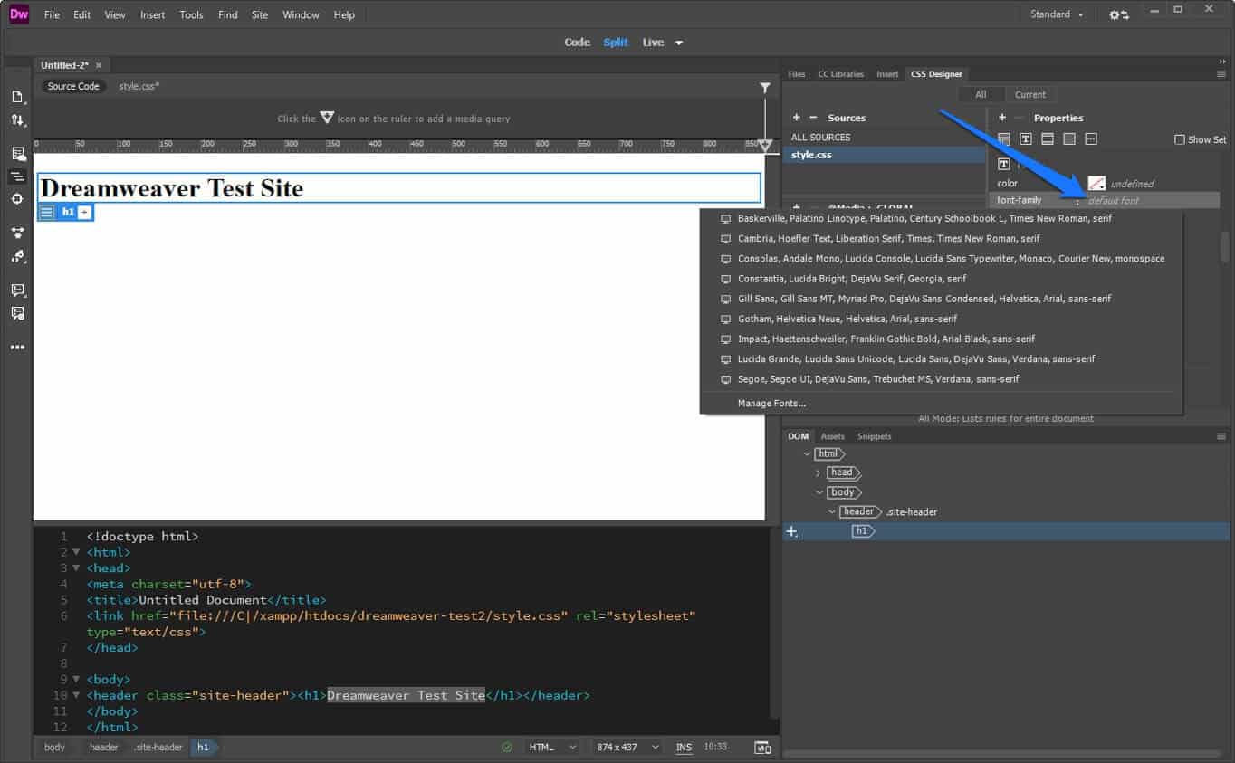 how to select new default font in dreamweaver