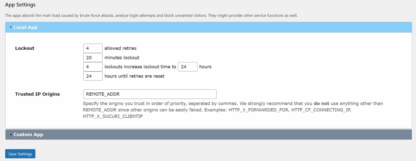 Limit Login Attempts Reloaded app settings