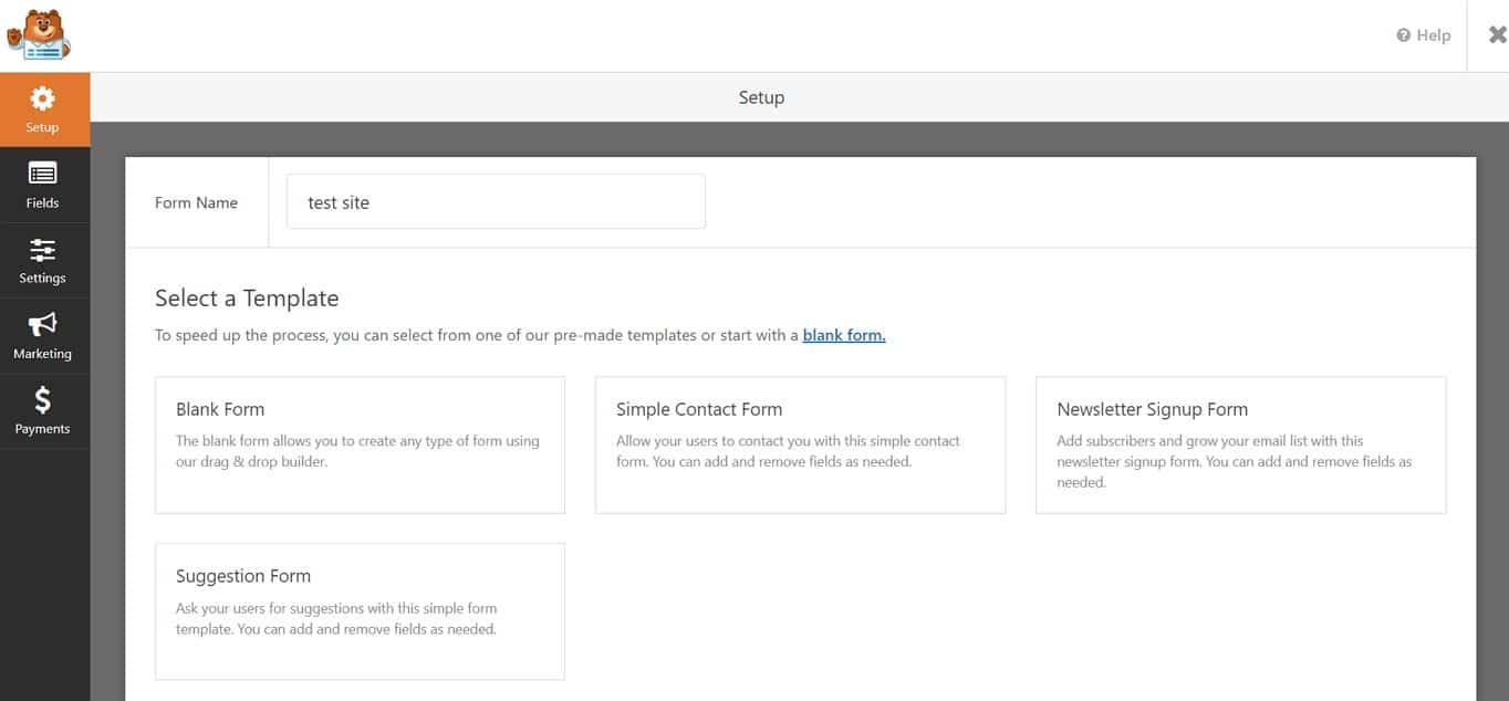 WPForms setup page