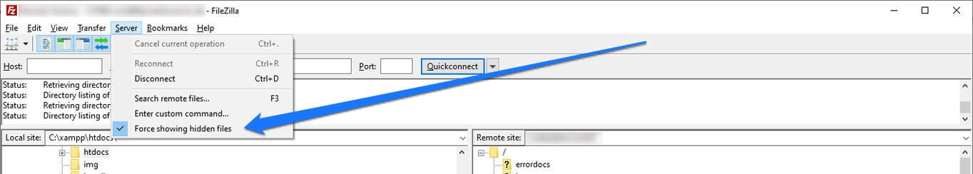 show hidden files in filezilla