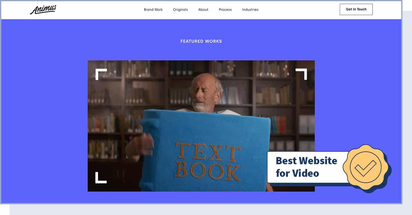 Animus website homepage with badge that says "best website for video"