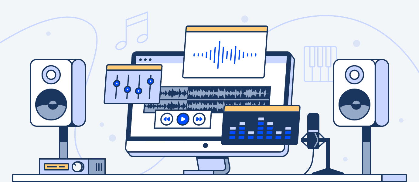 an illustration of a computer with speakers playing music