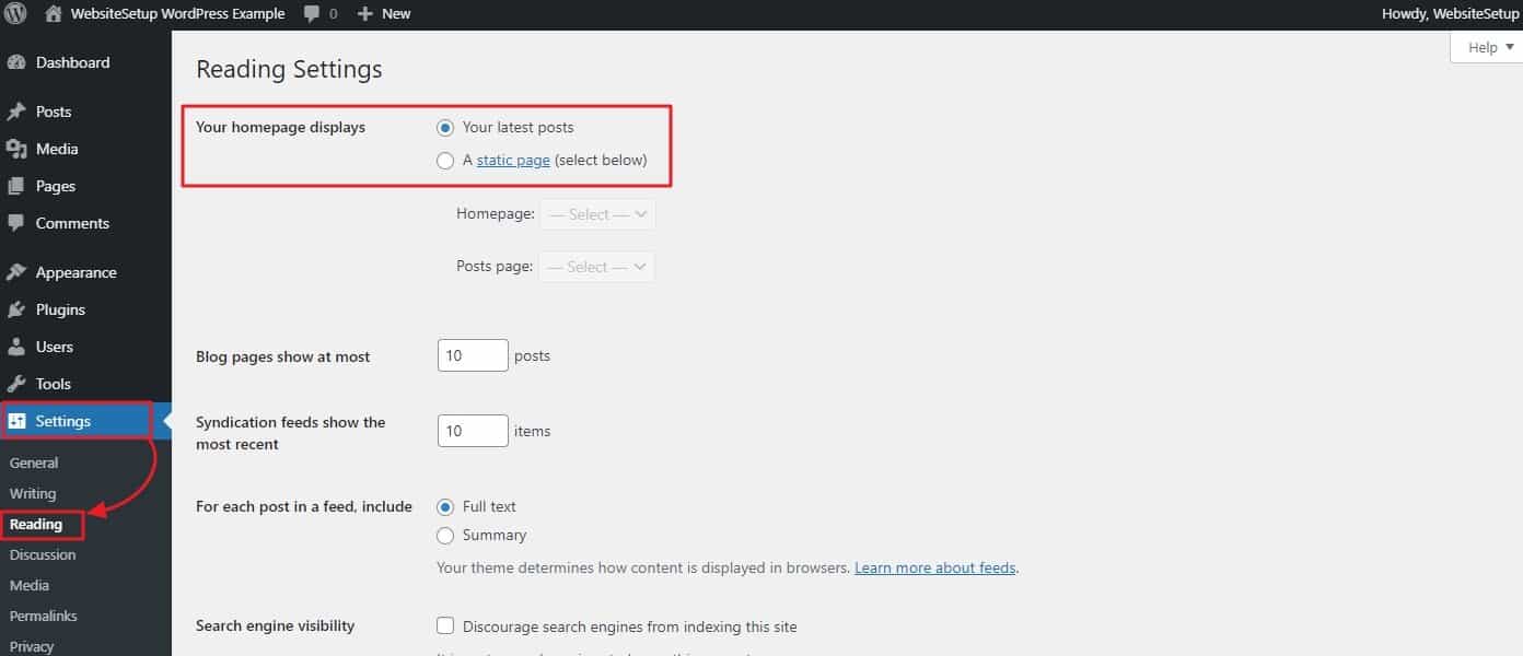 wordpress homepage settings