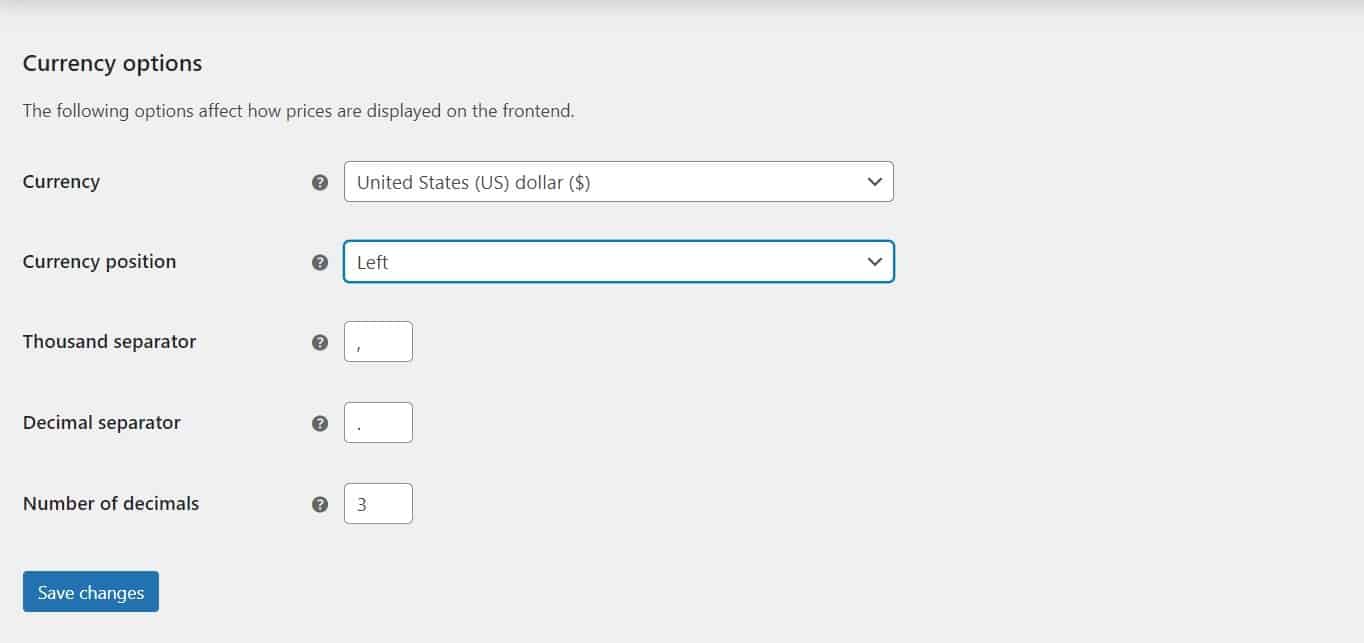 WooCommerce currency options