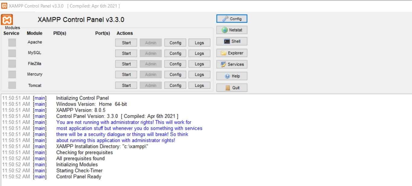 XAMPP control panel