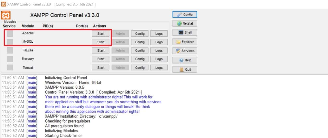 XAMPP start apache and mysql