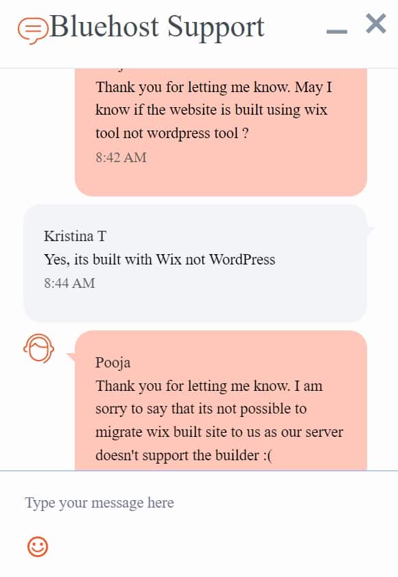 Bluehost Customer Support live chat example