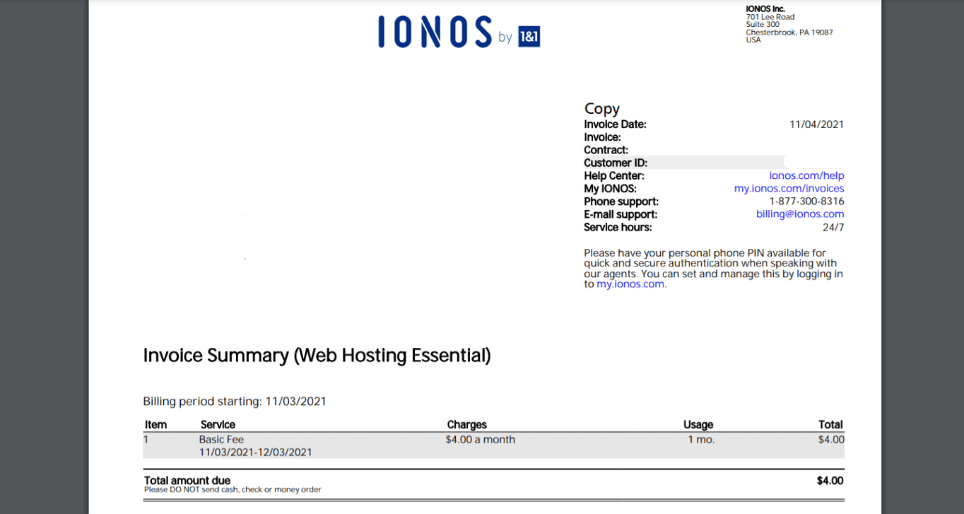 IONOS shared hosting billing