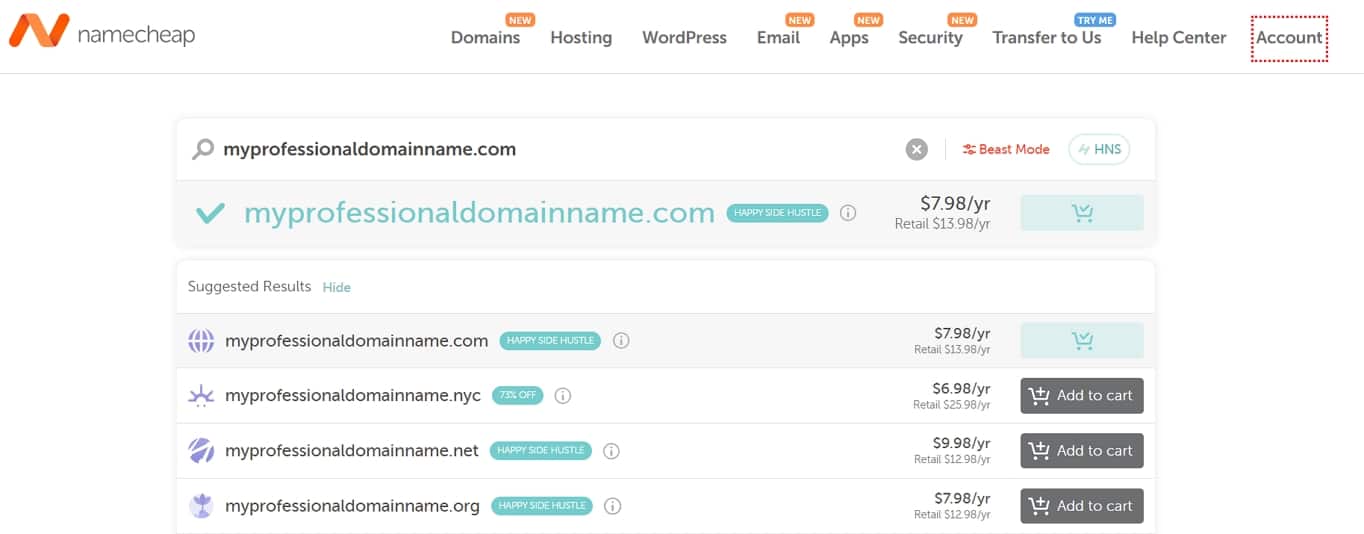 NameCheap domain search