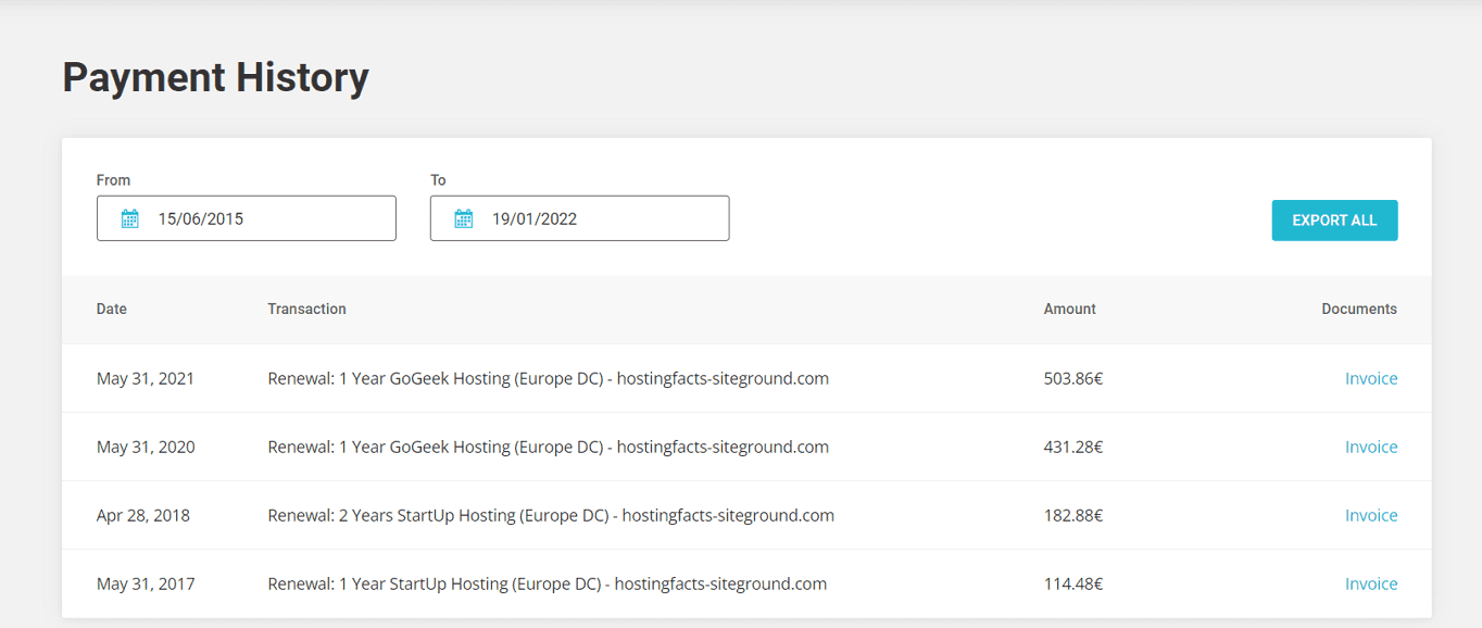 SiteGround shared hosting billing